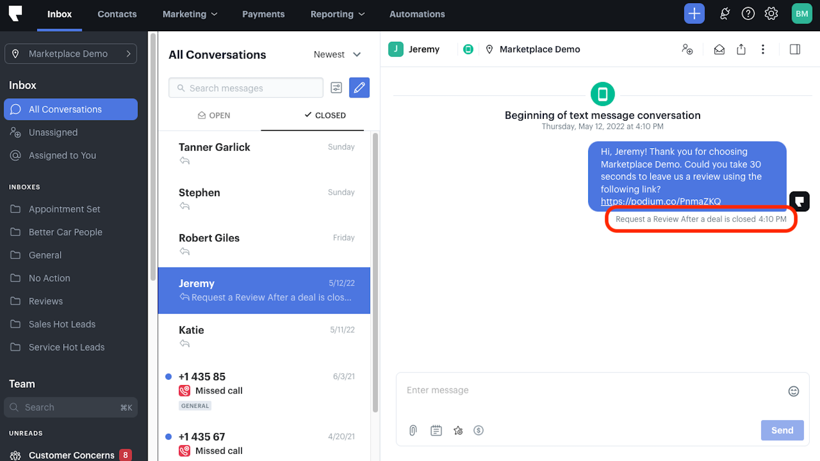 Send follow-up texts to request reviews after a deal is closed